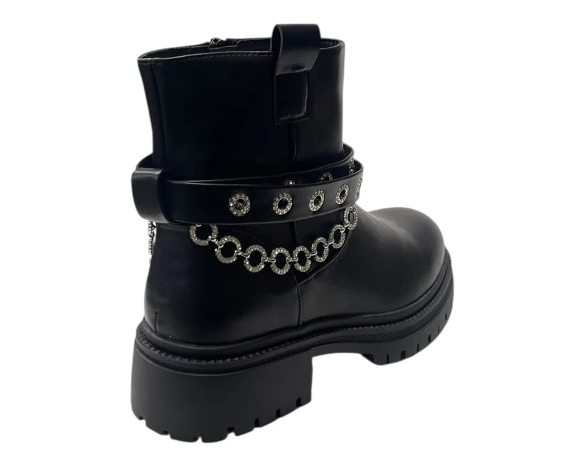 Zip-Up Faux Leather Boots with Chunky Sole and Sparkling Rhinestones