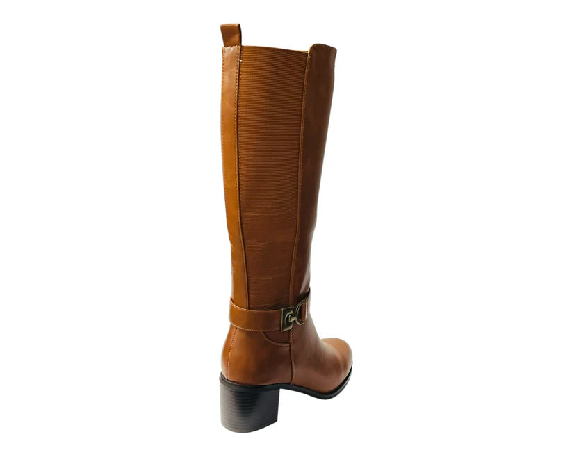 Faux Leather Elastic Panel Zip Knee High Boots