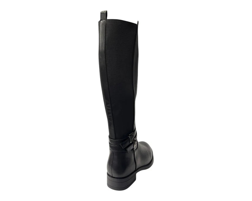 Faux Leather Knee High Elastic Panel Flat Sole Boots