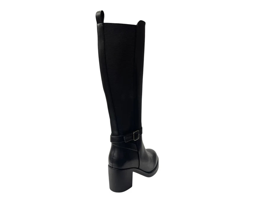 Stretch Panels Faux Leather Zip Knee High Boots