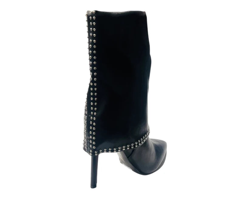 Mid Calf Pointed Toe Studded Fold Over Boots
