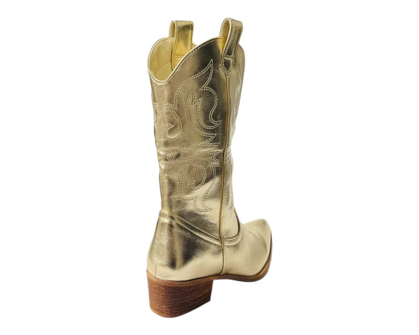 Mid Calf Embroidered Faux Patent Leather Cowboy Boots