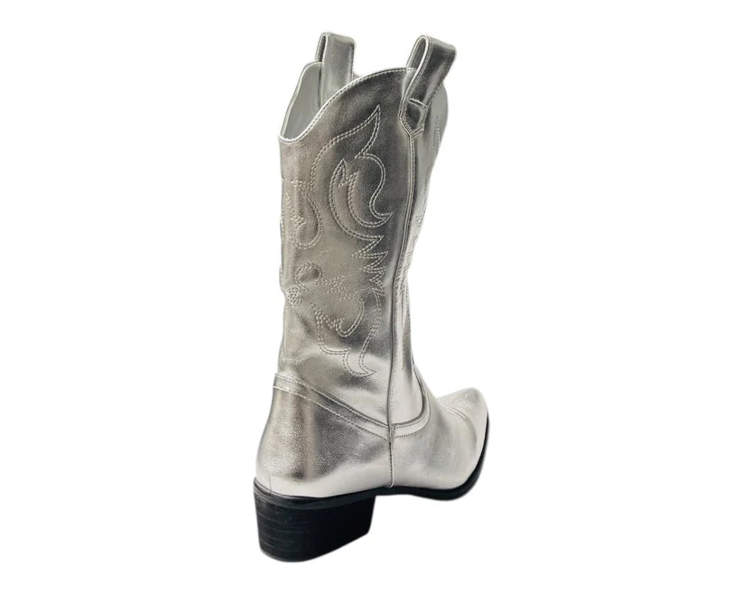Mid Calf Embroidered Faux Patent Leather Cowboy Boots
