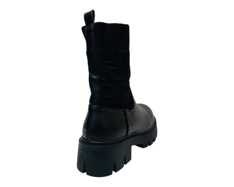 Chunky Sole Faux Leather Knit Ankle Boots