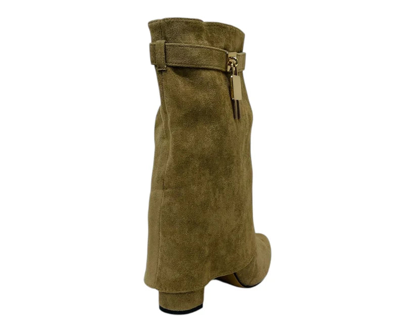 Faux Suede Fold Over Padlock Ankle Boots