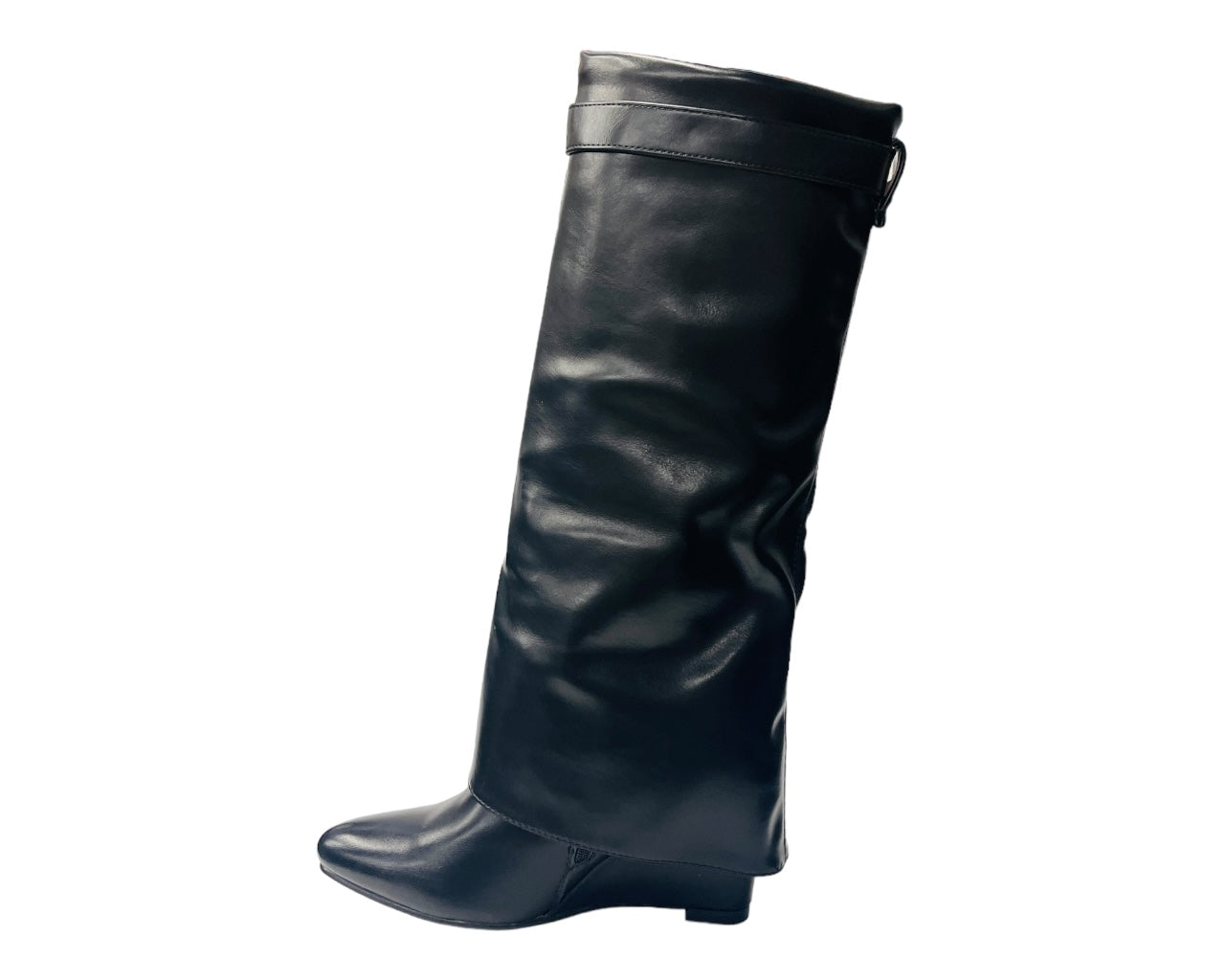 Faux Leather Fold Over Wedge Heel Boots