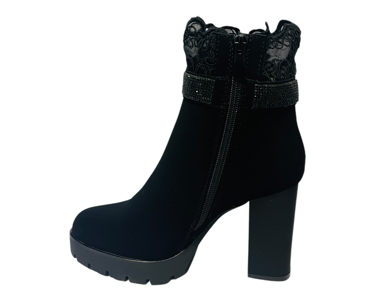 Block High Fabric Border Heels Zip Ankle Boots
