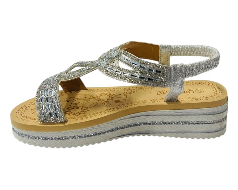 Women's Elastic Ankle Strap Diamante Wedge Sandals