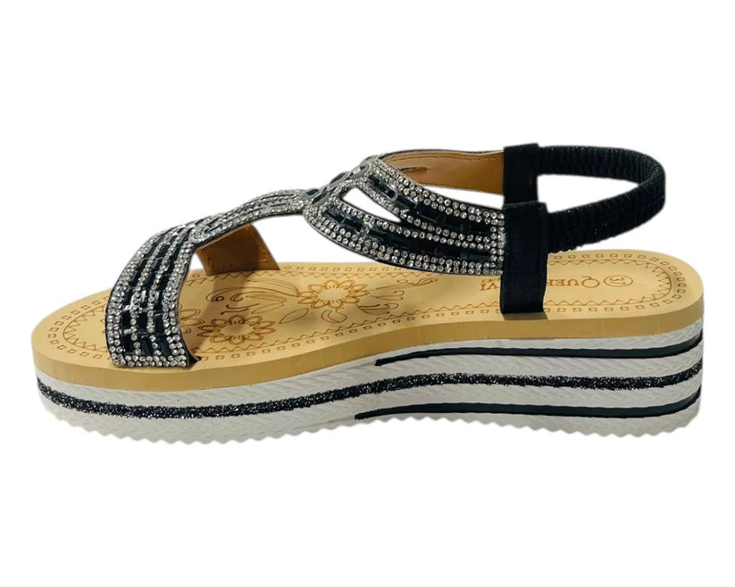 Women's Elastic Ankle Strap Diamante Wedge Sandals
