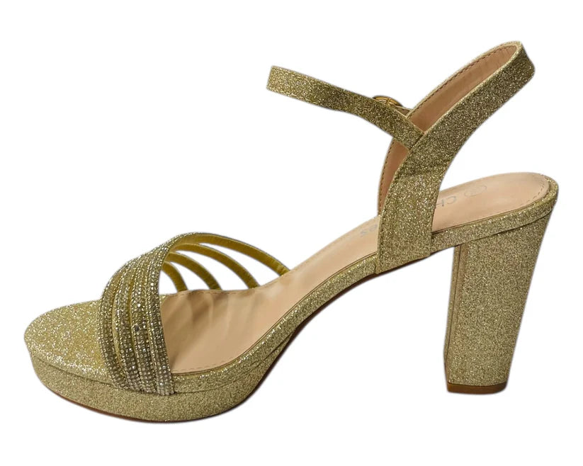 Diamante Block Heel Glitter Ankle Strap Shoes