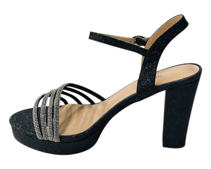 Diamante Block Heel Glitter Ankle Strap Shoes