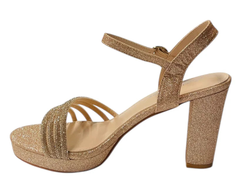 Diamante Block Heel Glitter Ankle Strap Shoes