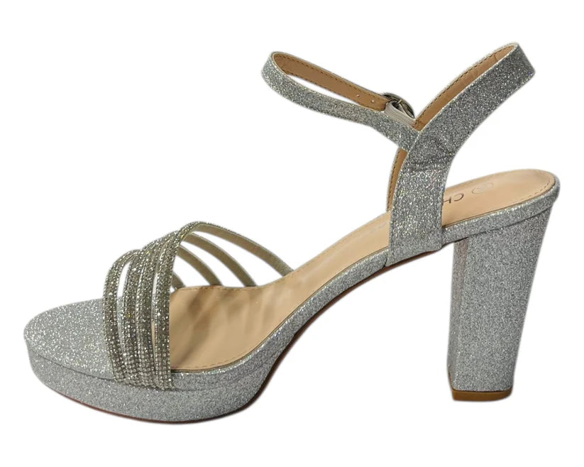 Diamante Block Heel Glitter Ankle Strap Shoes