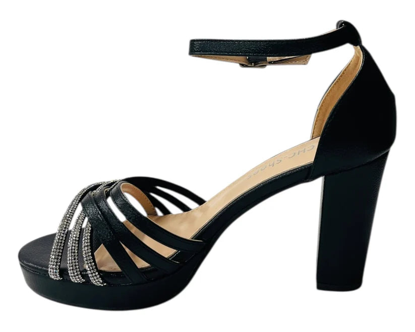 Diamante Block Heel Glitter Crossover Strap Shoes