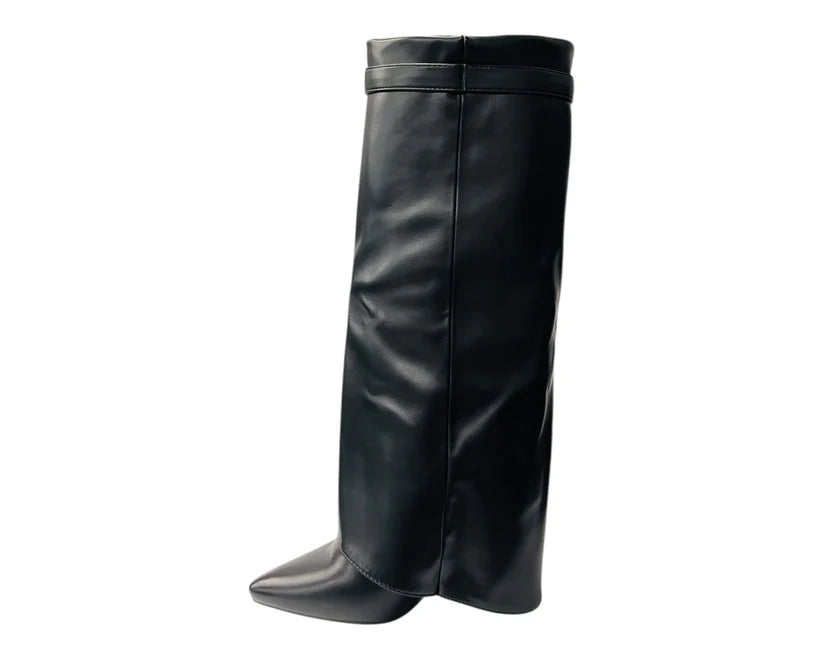 Fold-Over Knee-High Boots Featuring Padlock Accents and Block Heels
