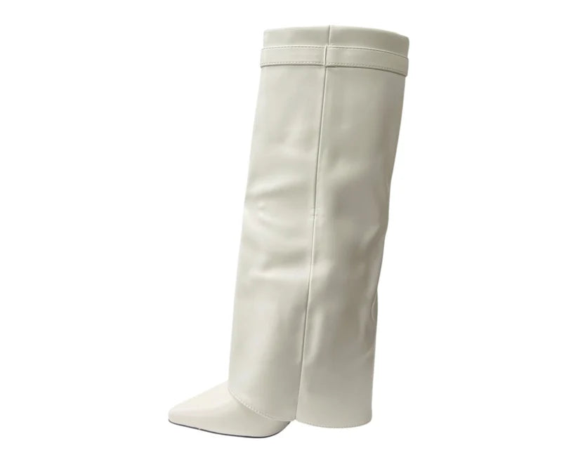 Fold-Over Knee-High Boots Featuring Padlock Accents and Block Heels