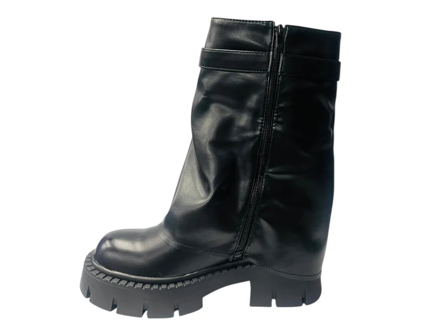 Mid-Calf Biker Boots with Chunky Soles, Zipper Closure, and Fold-Over Detail