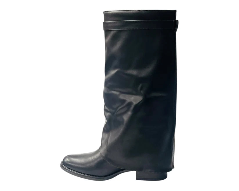 Knee-high faux leather boots with a fold-over design and flat sole