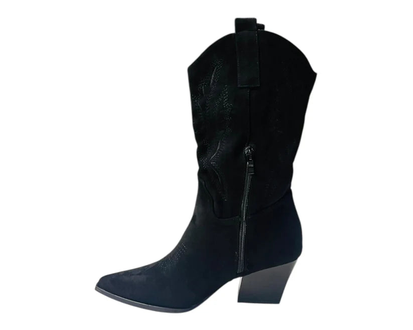 Mid Calf Embroidered Faux Suede Cowboy Boots