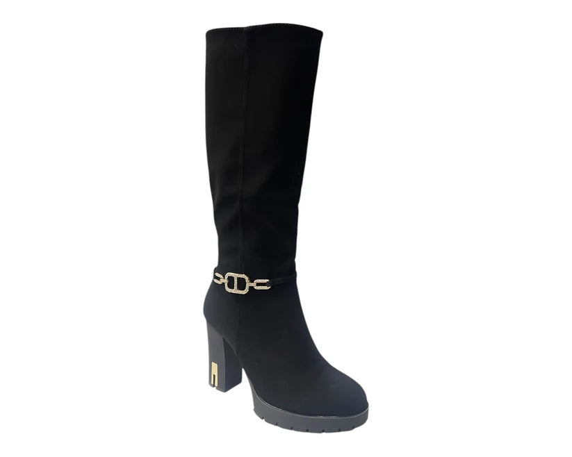 Stylish Diamante Knee-High Boots with Block Heels and Zip Closure