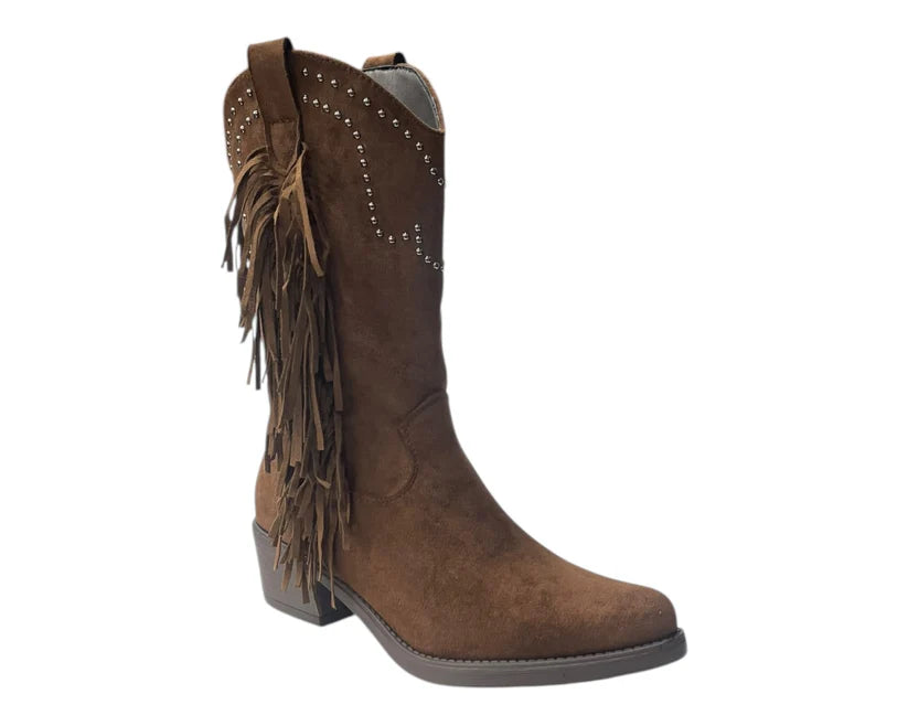 Mid Calf Stud Fringe Faux Suede Cowboy Boots