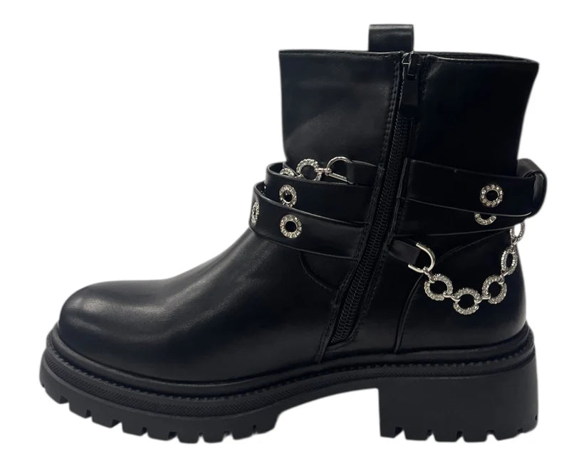 Zip-Up Faux Leather Boots with Chunky Sole and Sparkling Rhinestones