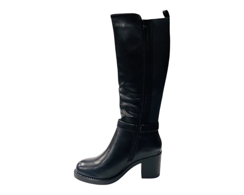 Faux Leather Stretch Panel Zip Knee High Boots