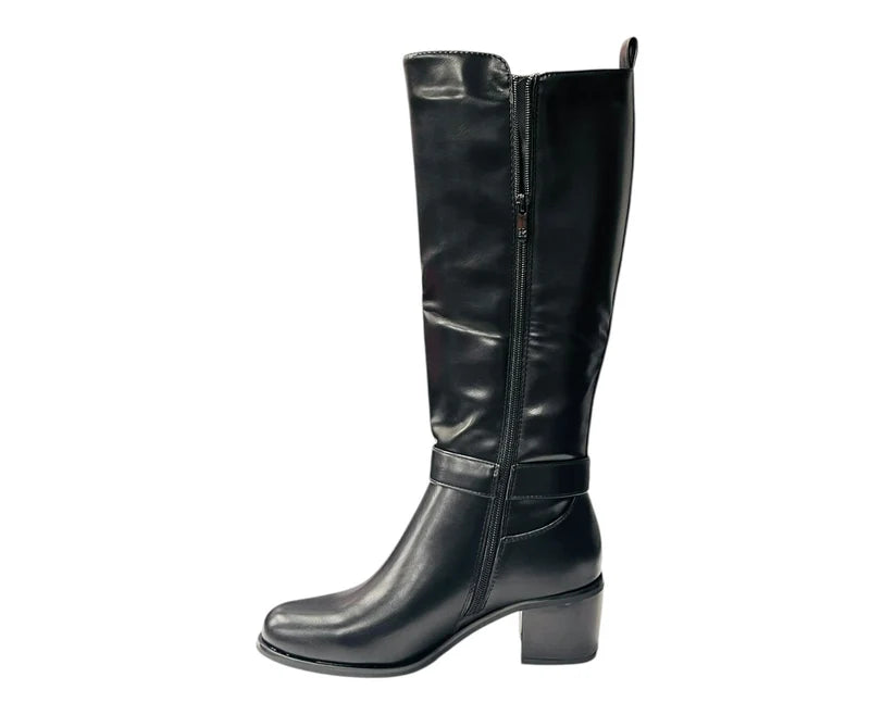 Faux Leather Elastic Panel Zip Knee High Boots