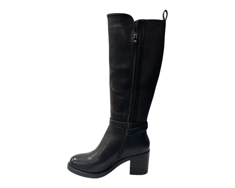 Stretch Panels Faux Leather Zip Knee High Boots