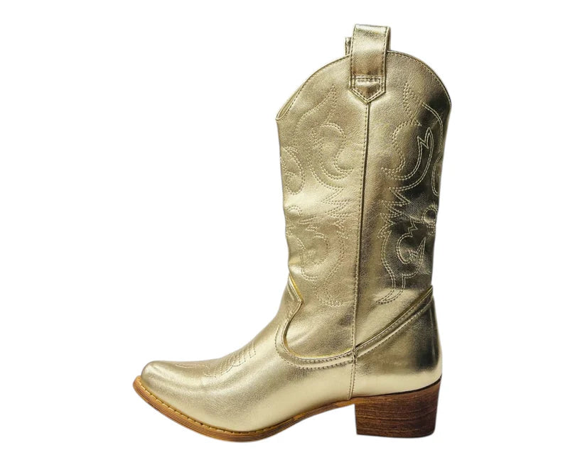 Mid Calf Embroidered Faux Patent Leather Cowboy Boots