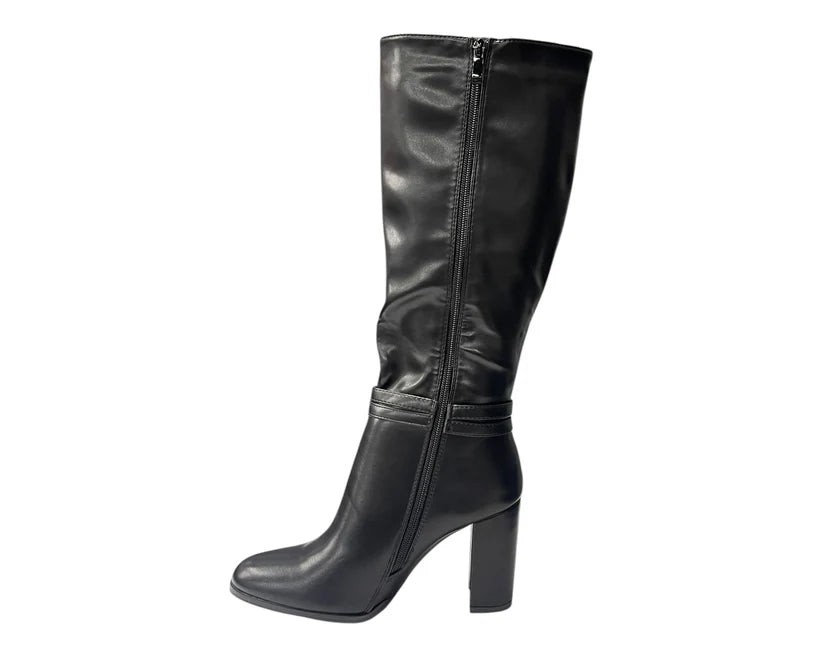 Round Toe Faux Leather Block Heel Knee High Boots