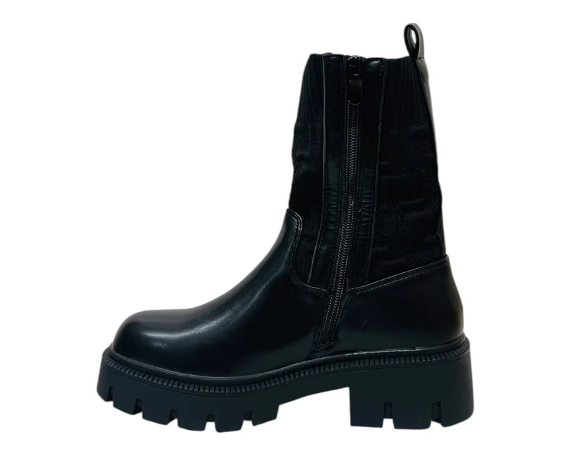 Chunky Sole Faux Leather Knit Ankle Boots