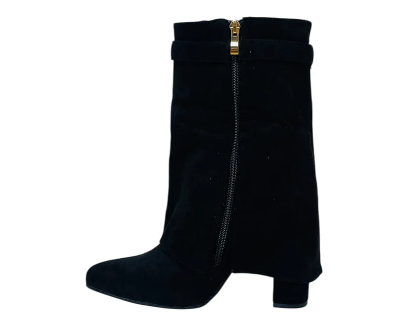 Faux Suede Fold Over Padlock Ankle Boots