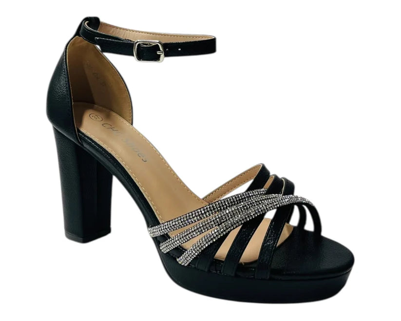 Diamante Block Heel Glitter Crossover Strap Shoes