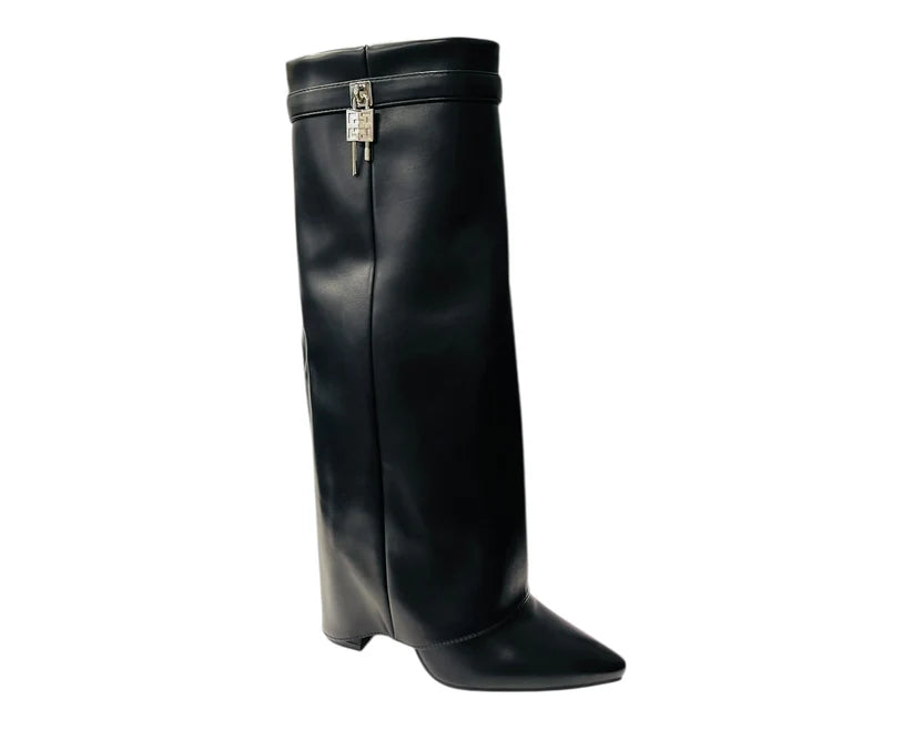 Fold-Over Knee-High Boots Featuring Padlock Accents and Block Heels