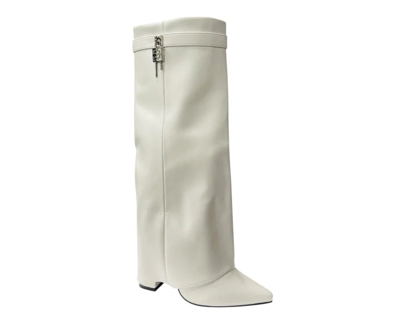 Fold-Over Knee-High Boots Featuring Padlock Accents and Block Heels