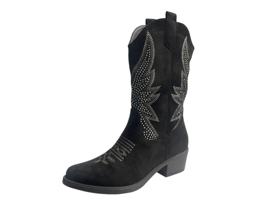 Embroidered faux suede cowboy-style ankle boots