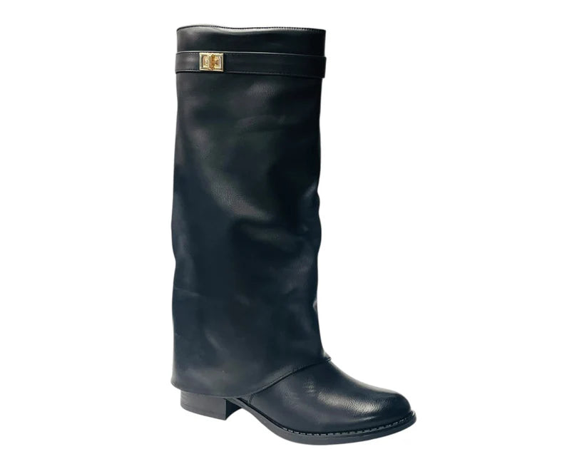 Knee-high faux leather boots with a fold-over design and flat sole
