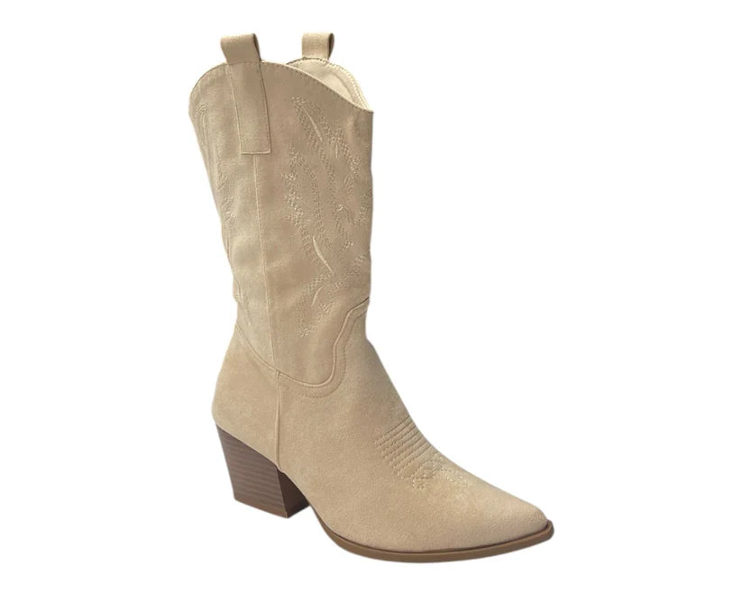 Mid Calf Embroidered Faux Suede Cowboy Boots