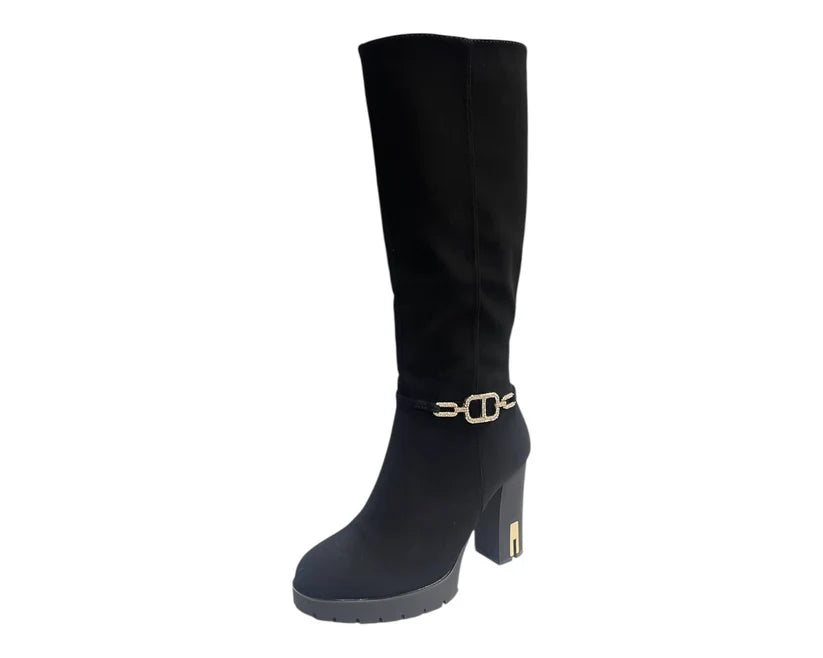 Stylish Diamante Knee-High Boots with Block Heels and Zip Closure