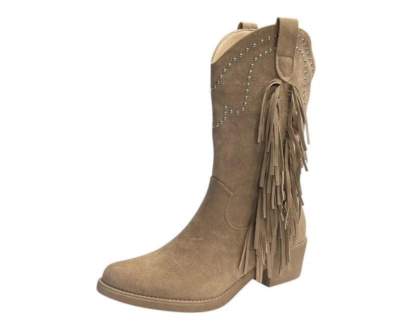 Mid Calf Stud Fringe Faux Suede Cowboy Boots