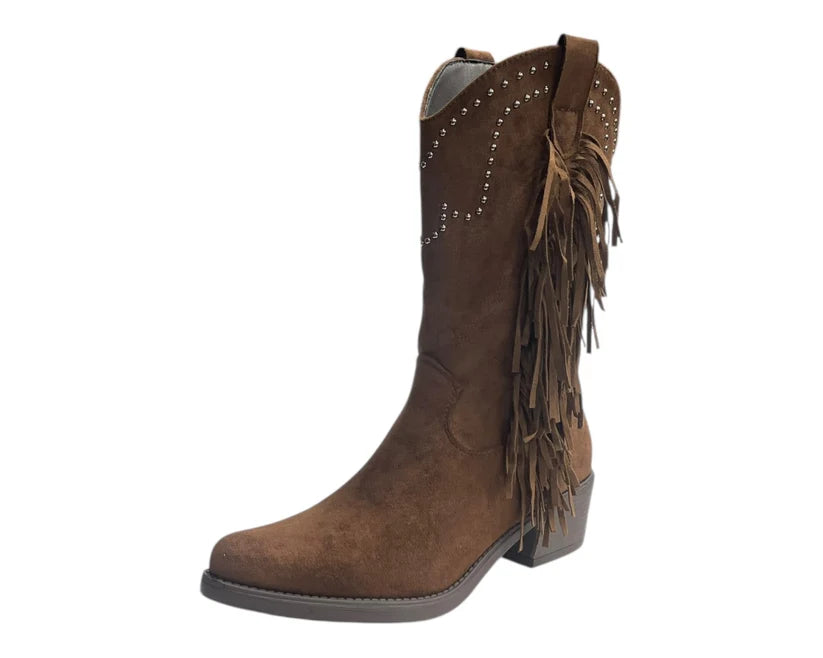 Mid Calf Stud Fringe Faux Suede Cowboy Boots