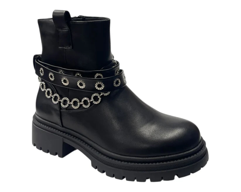 Zip-Up Faux Leather Boots with Chunky Sole and Sparkling Rhinestones