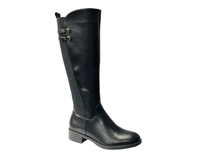 Elastic Panel Faux Leather Zip Knee High Boots