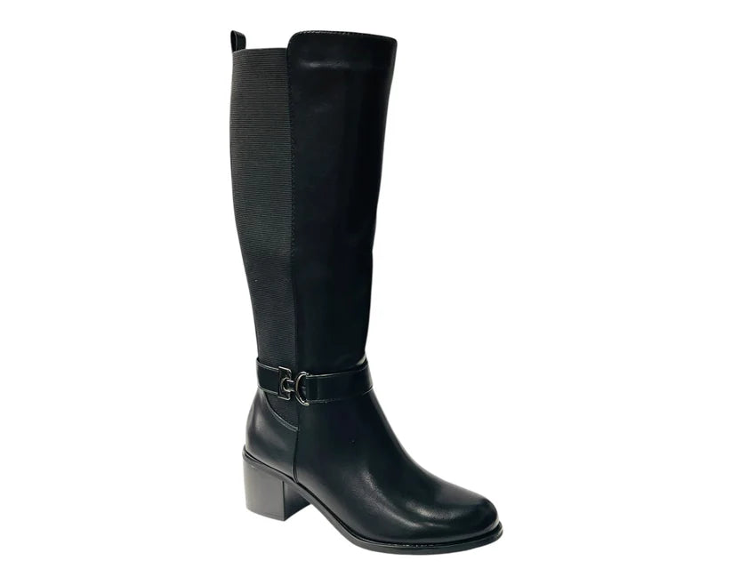 Faux Leather Elastic Panel Zip Knee High Boots