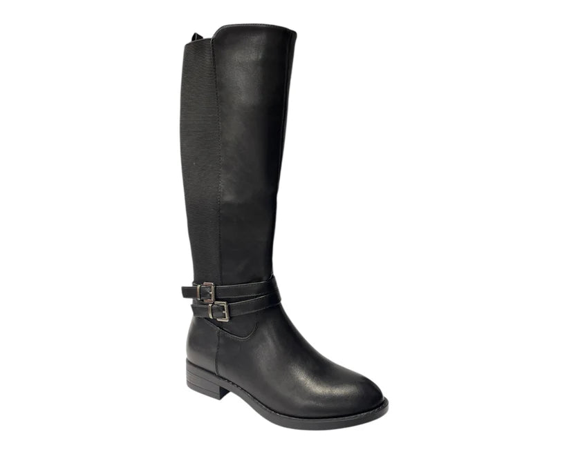 Faux Leather Knee High Elastic Panel Flat Sole Boots