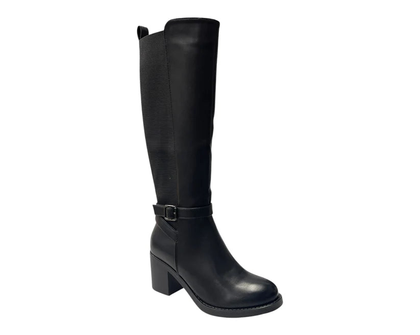 Stretch Panels Faux Leather Zip Knee High Boots