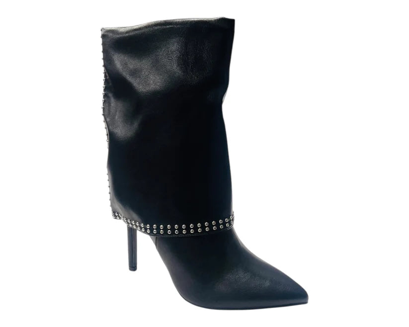 Mid Calf Pointed Toe Studded Fold Over Boots