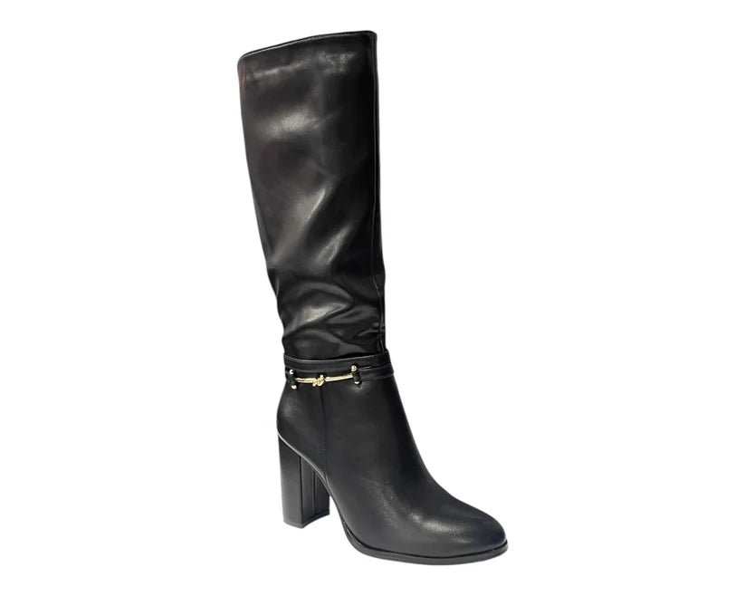 Round Toe Faux Leather Block Heel Knee High Boots