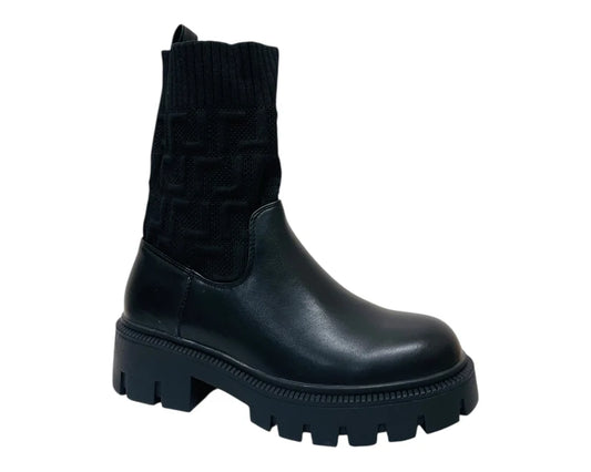 Chunky Sole Faux Leather Knit Ankle Boots